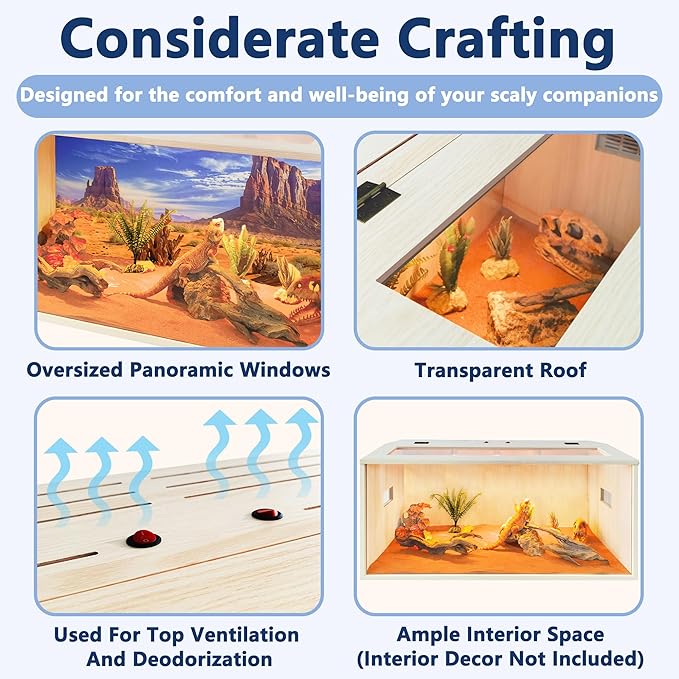 PROLEE Tempered Glass Bearded Dragon Tank,Wooden Reptile Tank and Lizard Tank, Large Bearded Dragon Enclosure with Built-in Lamp Fixture, Snake Tank (Wooden-Topped roof, 32inch,32 Gallons)