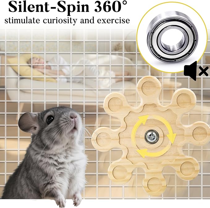 2pcs Rotating Natural Wood Chinchilla Chew Toys for Teeth, Interactive Enrichment Toys, Hanging Exercise Chinchilla Toys for Cage for Playtime, Spinner Cage Accessories Wheel