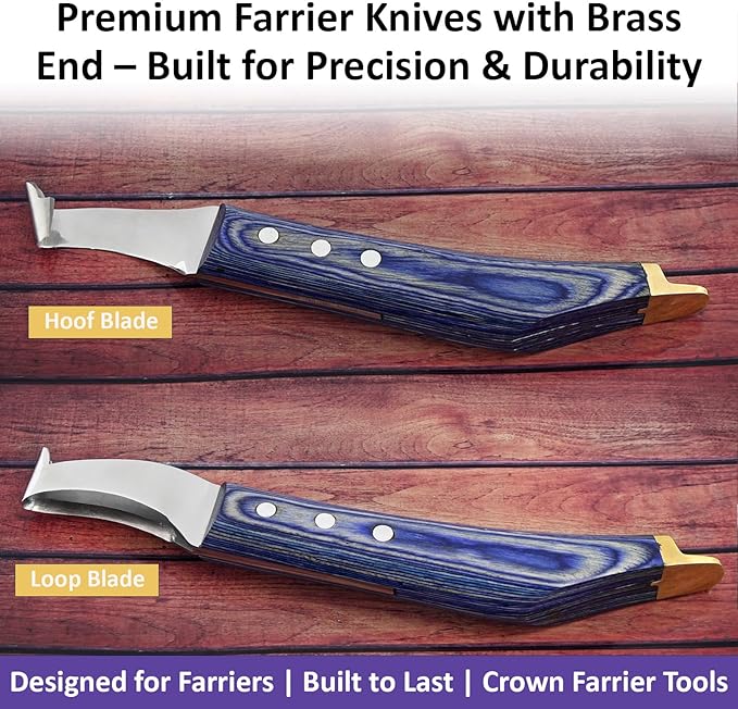 Premium Farrier Loop & Hoof Knife with Brass End – Professional Hoof Trimming Tool for Horses, Cows & Livestock, Stainless Steel Blade, Ergonomic Wood Handle (Blue)