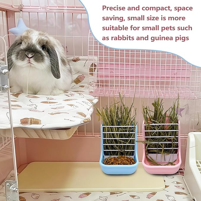 Hamiledyi 2PCS Rabbit Hay Feeders Rack 2 in 1 Feeder Bowls Double Bunny Feed Holder Grass Food Supplies for Chinchillas Guinea Pig Hamsters (Pink+Blue)