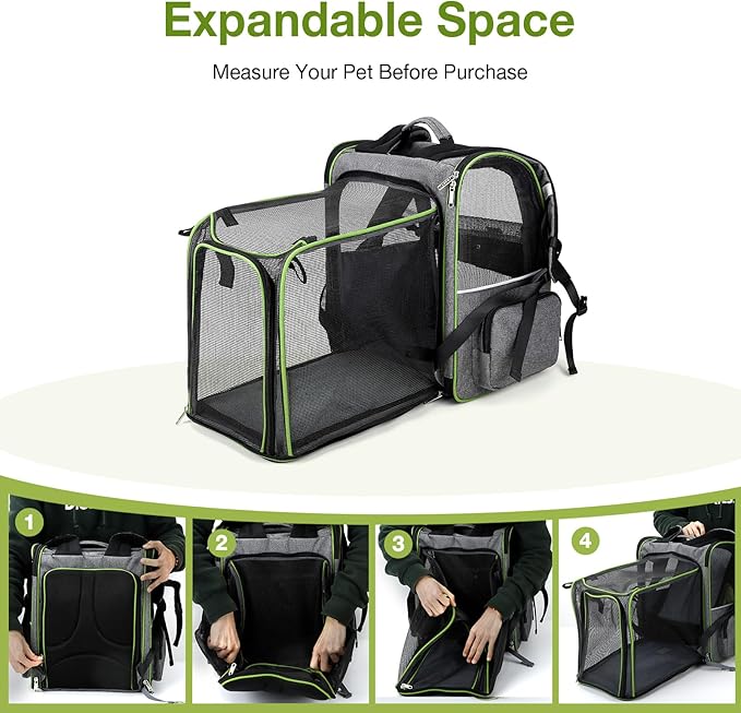 Lekebobor Large Cat Backpack Carrier Expandable Pet Carrier Backpack for Small Dogs Medium Cats Fit Up to 18 Lbs,Dogs Foldable Puppy Backpack Carrier for Travel, Hiking,Grey with Green Edge, XL