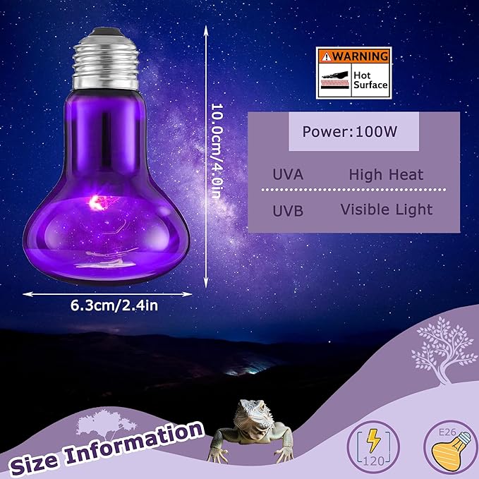 60W Reptile Night Light Bulb – Simulated Moonlight UVA Heat Lamp, Purple Basking Light for Bearded Dragons, Lizards, Snakes, Chameleons, Amphibians - 2-Pack (3.2" Diameter)