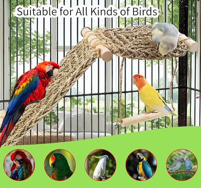 FlidRunest Bird Perch Platform Swing with Climbing Ladder, Parrot Chewable Natural Seagrass Woven Hammock, Parakeet Cage Accessories Playing Gyms Exercise Sturdy for Cockatiels, Lovebirds, Budgies