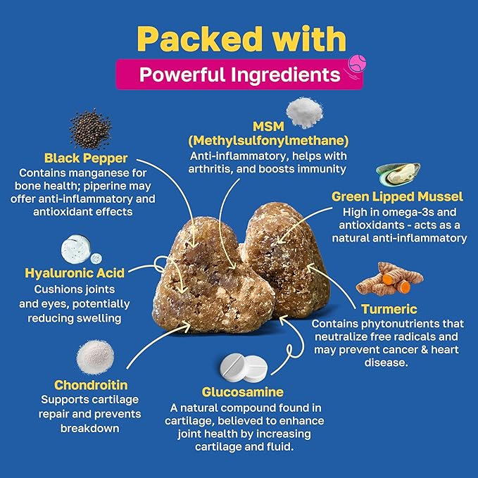 Happy Paws Hip & Joint Supplement for Dogs, Glucosamine Chondroitin for Dogs of All Breeds, Mobility Support Chews with Hyaluronic Acid & Turmeric, Vegan Bacon Flavor, Organic, Non GMO, 200 Chews
