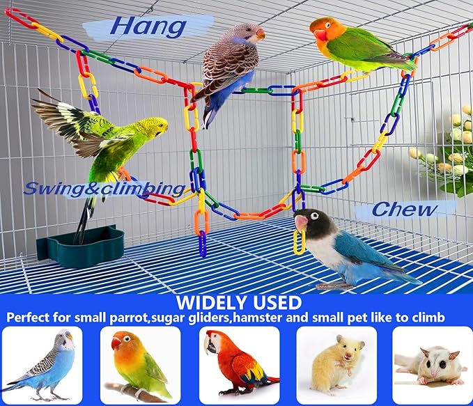600-Piece Rainbow Plastic Chain Links & Toys - Interlocking C-Clip Bird Cage Accessories for Parakeets, Sugar Gliders, Small Pets (Climbing/Swinging Toys)