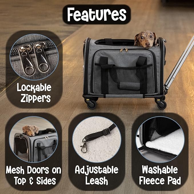 Pet Carrier with Wheels | Delta American Frontier Airline Approved | Two Expandable Sides, Storage Pockets Adjustable Leash | Rolling Dog and Cat Carrier TSA Compliant (Light Grey 17x12.5x11)