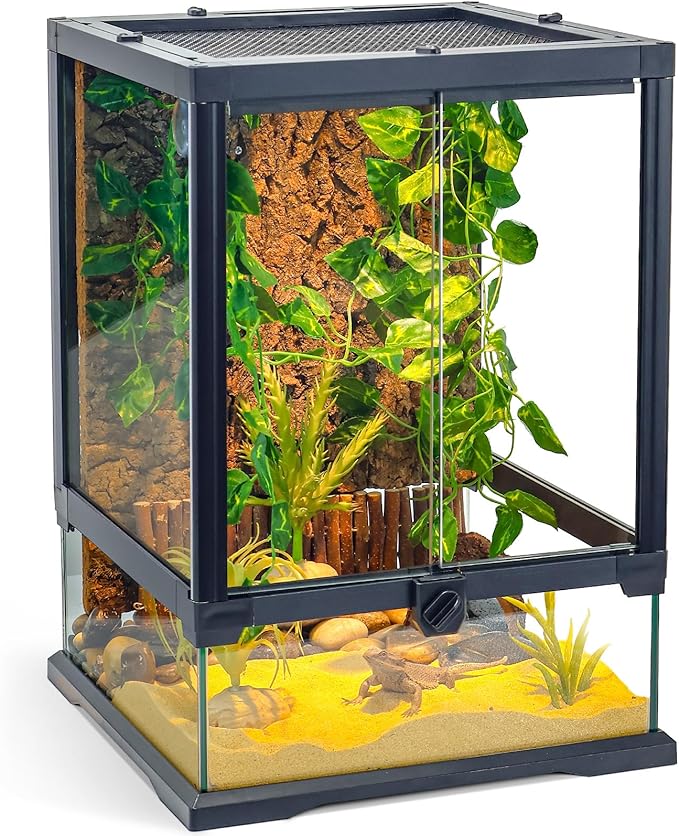 Full Glass Panoramic Vivarium for Crested Gecko Tank, Snake Enclosure, Reptile Cage with Front Door, Enhanced Ventilation & Concealed Wiring Holes 12.6" L x 12.6" W x 18" H