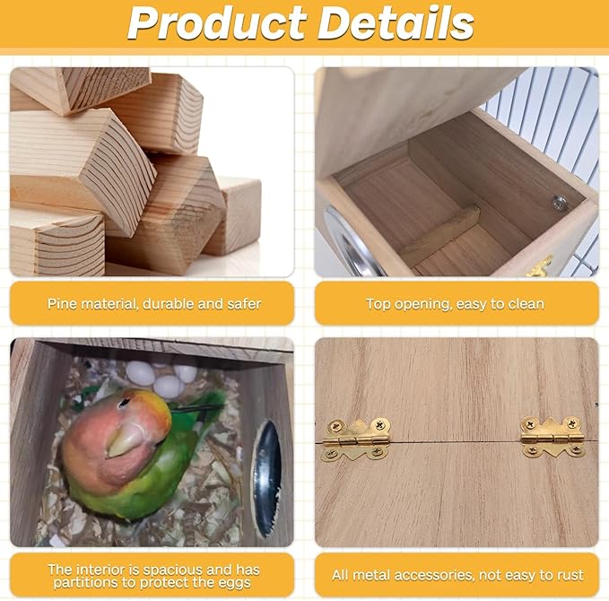 PINVNBY Parakeet Nesting Box Bird House for Cage Wood Mating Box Bird Breeding Box for Lovebirds, Cockatoo, Budgie, Finch, Canary Small and Medium Sized Birds (L:9.8 * 5.3 * 5.3 inch)
