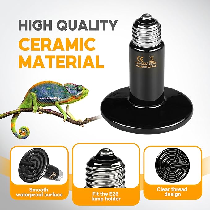 HealSmart 150W Reptile Heat Lamp Ceramic Heat Emitter, No Light Emitting Heat Bulbs, Suitable for Snake/Lizard/Spider, Plant Growth and Incubating Chicken, 2-Pack