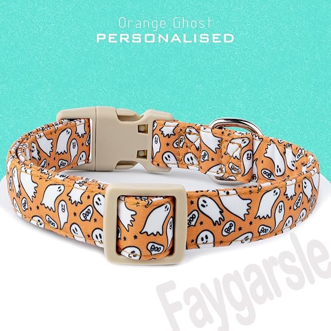 Faygarsle Halloween Ghost Pattern Dog Collar with Charm, Orange and White,for Small Medium Large Dogs S