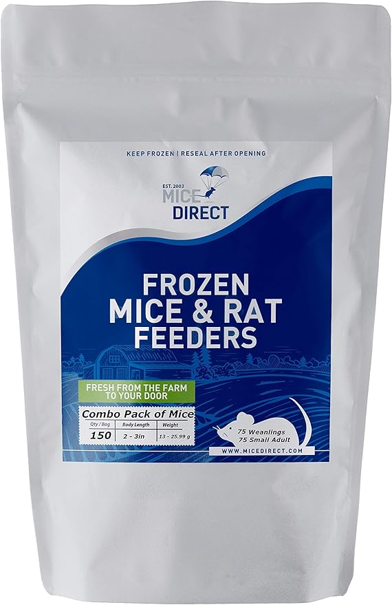 MiceDirect 150 Frozen Mice Combo Pack of 75 Weanlings and 75 Small Adult Feeders Snake Food for Mice for Adult Sand Boa Corn Milk Snakes (2-3 in)(Pack of 150)(2400 Grams Min)