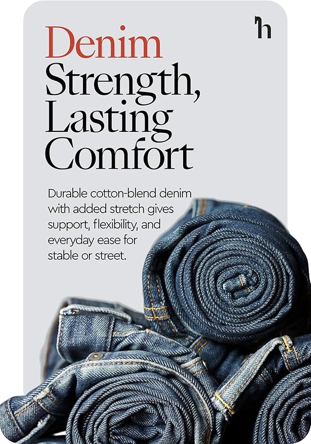 HORZE Kaia Womens Denim Horse Riding Pants | High Waist Silicone Full Seat Breeches | Accurate Size Chart