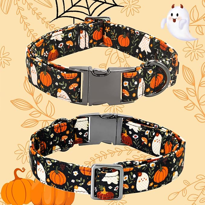Halloween Dog Collar, Ghost Print Adjustable Pet Collar Fall Pumpkin Cute Cotton Soft Collars with Bow Tie Fall Metal Buckle Holiday Puppy Collars Boy&Girl Gift for X-Large Dogs