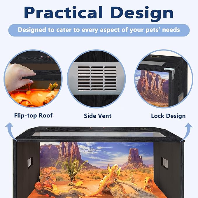 Prolee 36 Gallon Reptile Tank, Tempered Glass Bearded Dragon Tank with Wooden Roof and Lockable Doors, Large Lizard Habitat for Snakes, Iguanas, Chameleons (Black)