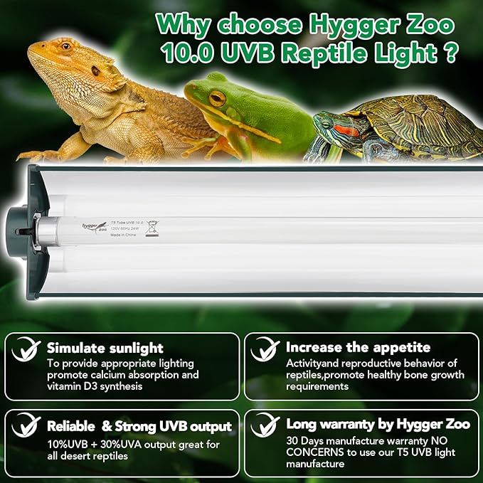 T5 Reptile Light Fixture Green Combo Kit 39W Light Fixture Reptile Terrarium Hood 10.0 UVB Light Bulb Fluorescent Tube Ideal for Tropical and Deserts Such as Bearded Dragon Lizards and Tortoises
