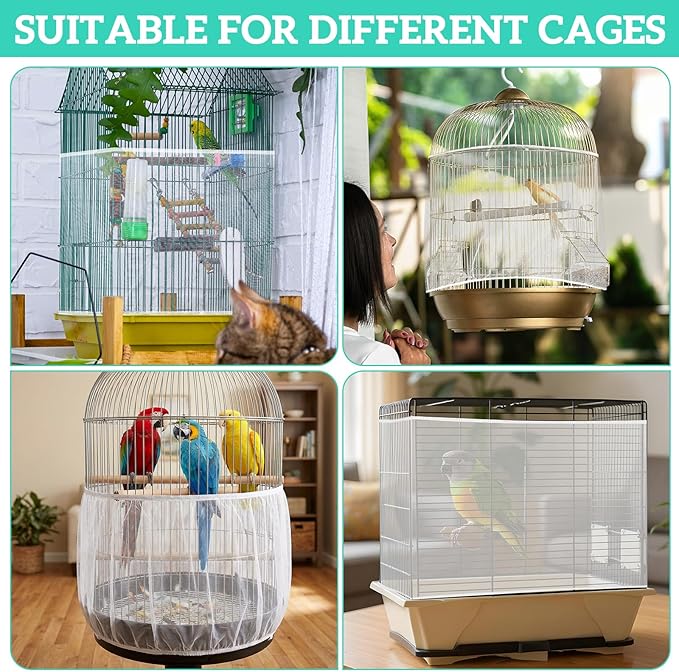 2 Pcs Bird Cage Cover Universal Bird Cage Seed Catcher, Breathable Nylon Mesh Net Cover Adjustable Soft Airy Cages Net Stretchy Skirt for Round Square Cages