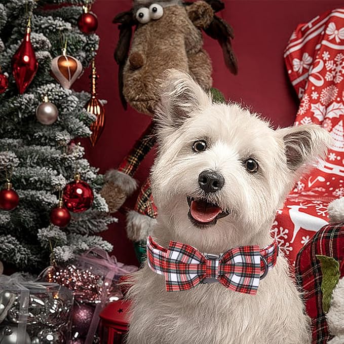 Christmas Dog Collar, Red Plaid Cotton Collars with Bow Adjustable Pet Collar Premium Metal Buckle, Christmas Puppy Necklace for X-Large Girl and Boy Dogs