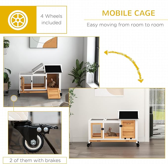PawHut Wooden Rabbit Hutch with Wheels, Indoor Outdoor Large Bunny Hutch with Run & Slide-Out Tray for Small Animals, Rabbits, Chickens, Ducks, Guinea Pig, Yellow