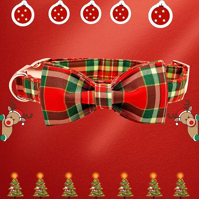 Dog Collar - Christmas Red Plaid Dog Collars Bowtie Gift Puppy Cute Soft Collar with Bow Adjustable Metal Buckle Pet Collar for Small Dogs