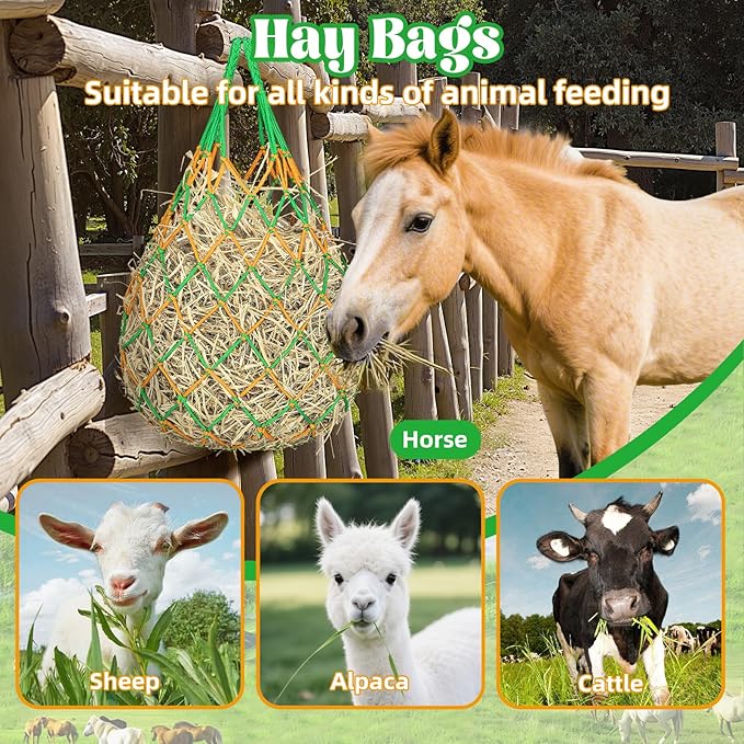 3 Pcs Hay Bags for Horses, Hay Nets for Horses Goat Sheep,Goat Hay Feeder for Slower Feeding,Strong Load-Bearing Hay Bag Hanging for Horse Stable Trailer (Green)