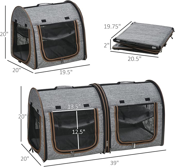 PawHut 39" Portable Soft-Sided Cat Carrier, Cat Kennel, Travel Dog Crate with Divider, Two Compartments, Soft Cushions & Storage Bag, Easy to Fold, Light Gray