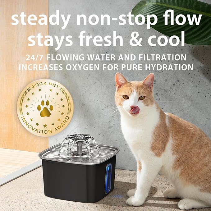 Veken Innovation Award Winner Stainless Steel Cat Water Fountain, 108oz/3.2L Automatic Pet Fountain Dog Water Dispenser with Replacement Filters & Silicone Mat for Cats, Dogs (Space Black)