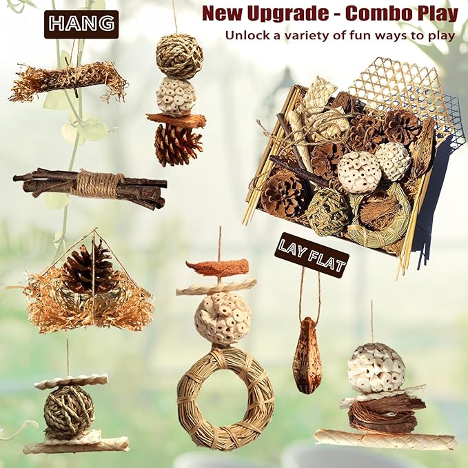 Natural Bird Chew Toys Parrot Toys Box, Foraging Shredding Parakeet Toys for Cockatiel Conures Lovebird Parakeet Budgie Macaws Small-Medium Birds