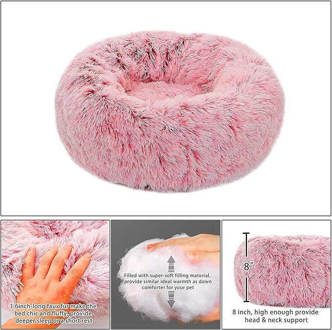 Dog Bed Large, Soft Round Cuddler Dog Beds Fluffy Plush Faux Fur Pet Beds, Anit-Anxiety Self-Warming Comfy (28", Dark Pink)