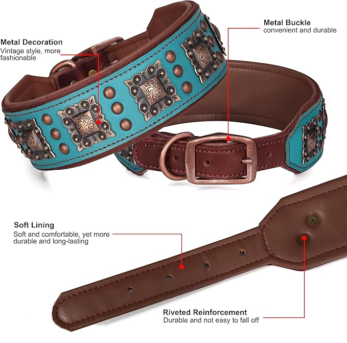 PET ARTIST Upgrade Padded Leather Dog Collar, 2 inch Wide Genuine Leather Dog Collars with Strong Studded Rivet & Metal Buckle, Adjustable Large Dog Collar for Pit Bull Doberman,Green,Neck 19-22"