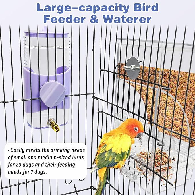 PINVNBY No Mess Bird Feeder & Water Dispenser Set Automatic Parrot Feeder Transparent Food Container Drinker Parakeet Cage Accessories for Cockatiel Budgie Lovebird Finch (Purple)