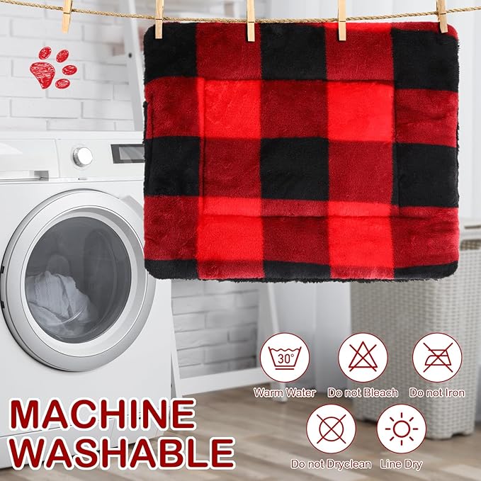 Haull 4 Pcs Waterproof Guinea Pig Bedding Winter Guinea Pig Bed Plush Cage Liners Soft Dog Cat Mat Reversible Winter Cozy Animal Pee Pad Hamster Bed Mat for Bunny (Red Black Plaid,13 x 10 Inch)
