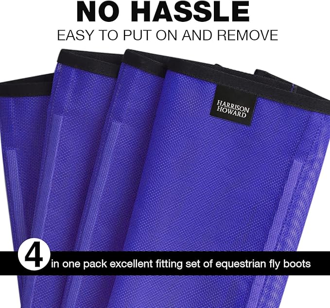 Harrison Howard Loose Fitting Fly Boots UV-Protective Extra Tough Mesh Ventilated Four Fasteners Stay-on Design Protect Horse Legs & Stomp-Reducing Set of 4 Deep Navy Mini