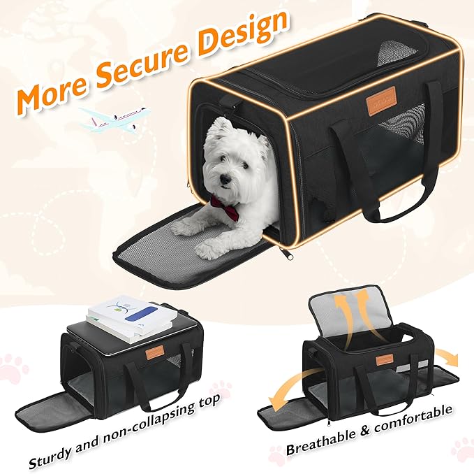 PETUX Airline Approved Pet Carrier - 17x11x9.5 in, Underseat, Top & Side Entry, Soft Sided Cat Dog Carrier for Small Cat & Dog Up to 12 lbs with Anti-Scratch Mesh & Litter Box for Travel & Vet - Black