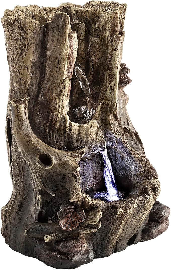 Alpine Corporation WIN326 Indoor Tabletop Light-Up Tiered Rainforest Tree Trunk Water Fountain with LED Lights, 11", Brown