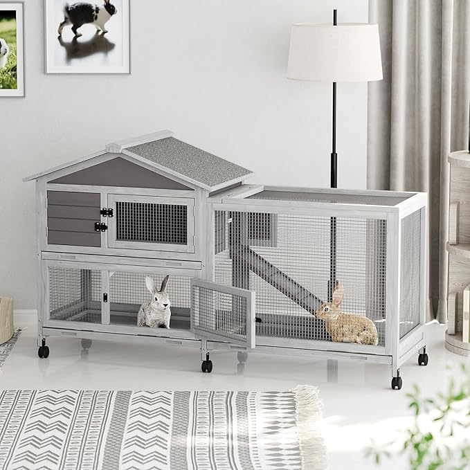 Bunny Cage with Weatherproof Roof, Rabbit Cage with 6 Lockable Caster Wheels & Pull-Out Tray, Rabbit Hutch for Indoor Outdoor Use, Grey（63.2" l x 22.4" w x 37"）