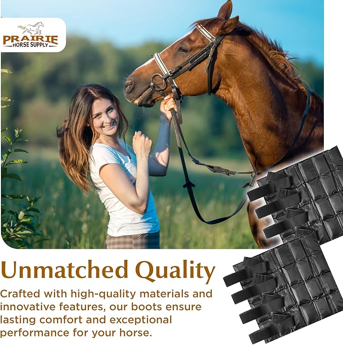 Prairie Horse Supply - Durable Nylon Ice Boots for Horses & Ponies - Cold Therapy Gel Boot Wrap for Hock, Ankle, Knee, Legs, Hooves One Size - Black Flexible Straps, Skid & Shipping Boots - (Black)
