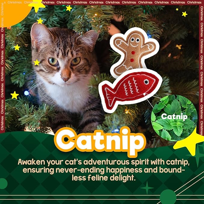 ALL FOR PAWS Christmas Cat Toys with Catnip, Bite-Resistant Teething Toy for Indoor Cats Exercise, Interactive Kitten Toys