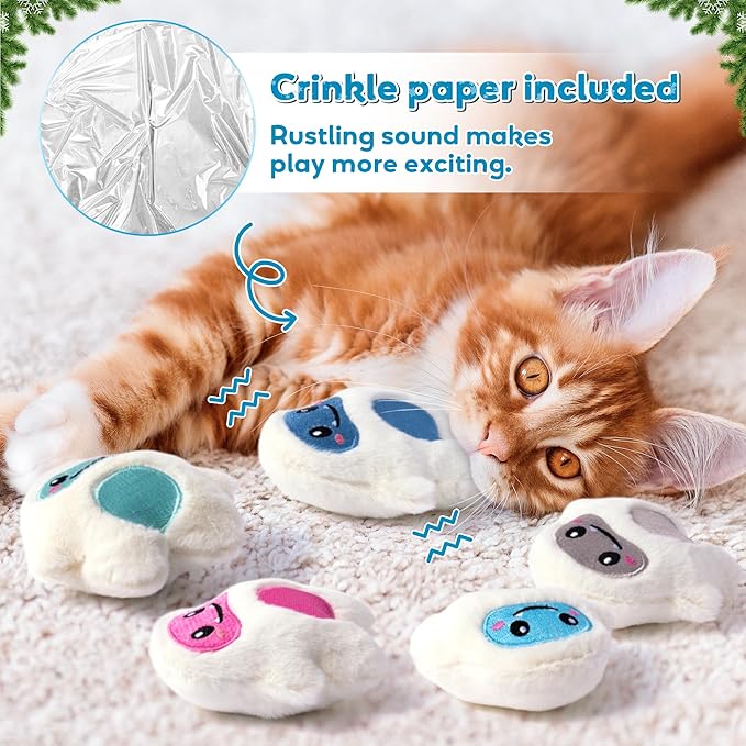 MALLMALL6 Snow Monster Catnip Toys - 5Pcs Winter Christmas Catmint Interactive Cat Toy for Indoor Kitten, Soft Plush with Cute Expression Supplies, Kitty Teething Chew Toy Set Xmas Gifts for Cat Lover