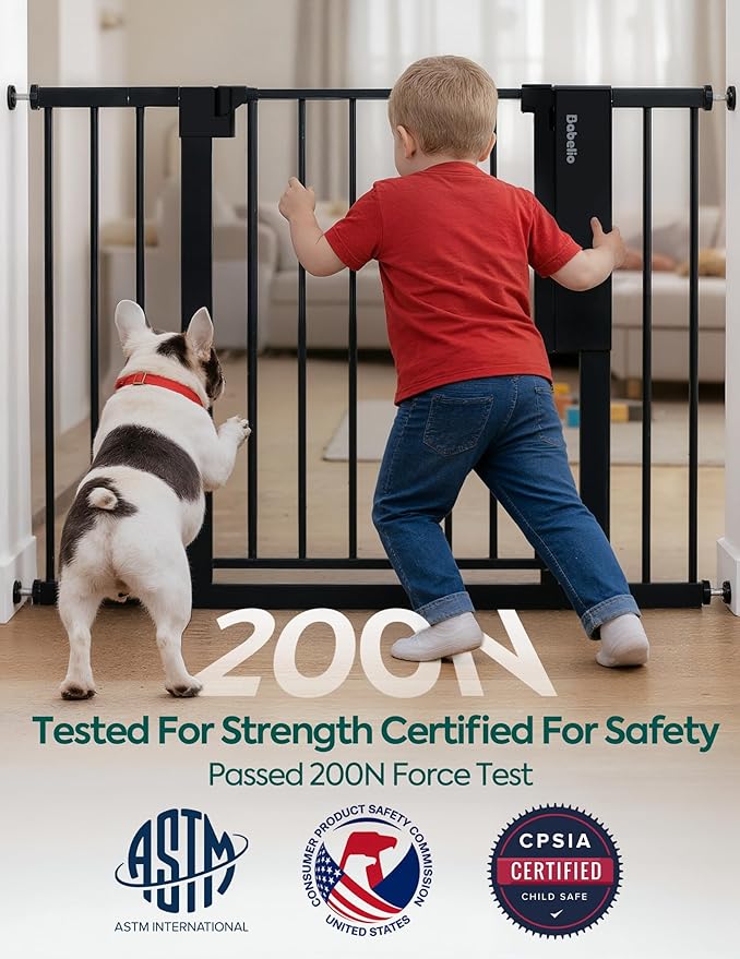 Babelio Smart Baby Gate with Auto-Unlock/Close, Pressure Mounted No Drill for Doorways/Top of Stairs. Pet/Dog Door Wide Walk Thru w/Infrared Sensor & Instant Safety Alert (Black, 26.3-37.8" W, 30" H)