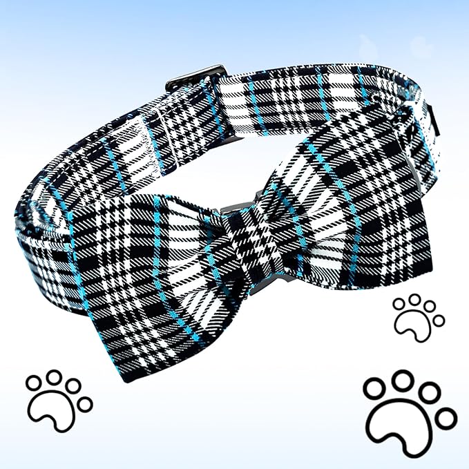 Lionheart glory Dog Bow Collar Blue and Black Plaid Dog Collar for Medium Dogs,Boy Dog Collars with Bowtie Spring Summer Collars Soft Adjustable Pet Collar Bows