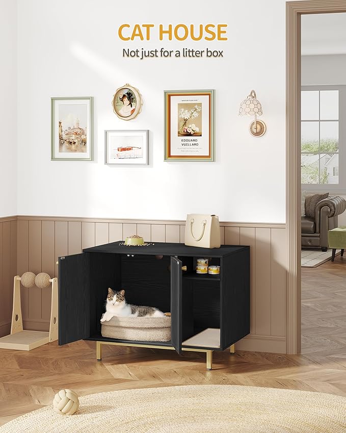 Cat Litter Box Enclosure Enclosed, Hidden Litter Box Cabinet Furniture with Storage, Wooden Indoor Cat House Large, Modern End Table for Living Room Entryway, Black and Gold CB01504G