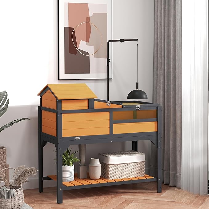 PawHut Tortoise Habitat with Adjustable Lamp Holder, 2 Layer Tortoise Enclosure with Storage Shelf, Removable Main House, Fixed Tray, Openable Lid, Yellow