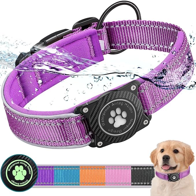 Airtag Dog Collar with Waterproof Air Tag Holder, Luminous Reflective, Soft Padded, Adjustable Nylon Pet Collar for Small Medium Large Heavy Duty Dogs,Purple, L