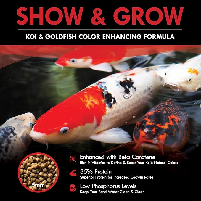 HALF OFF PONDS Show & Grow Koi Fish Food - 30 lb Floating Pellets, 5mm Size - Goldfish Food for Ponds - 35% Protein with Beta Carotene & Vitamins - Enhances Color Vibrancy & Body Definition
