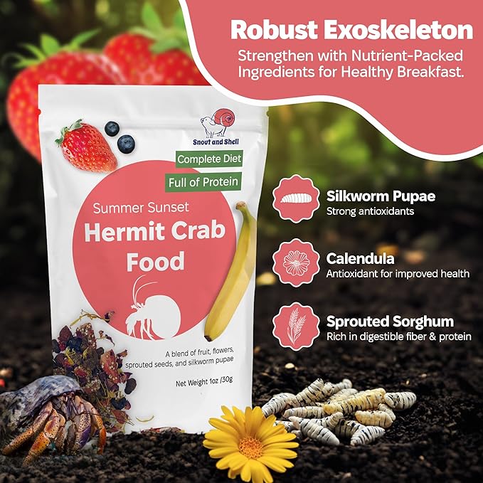 Summer Sunset Wild Hermit Crab Food – Silkworms, Berries & Rose Petals – 56g – Snout and Shell