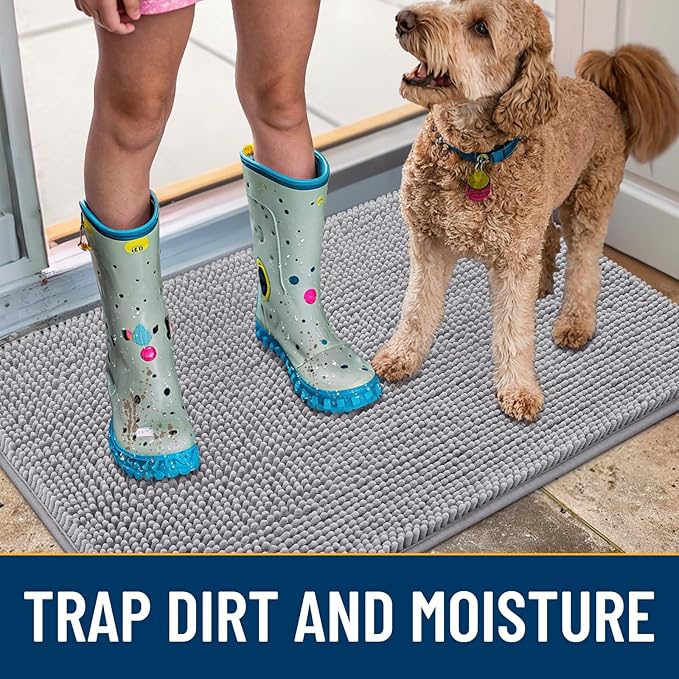 Smiry Dog Door Mat for Muddy Paws 47x24, Absorbs Moisture and Dirt Doormat, Non-Slip Washable Quick Dry Chenille Front Door Mat Indoor Entrance, Entryway Carpet for Inside Floor, Light Grey