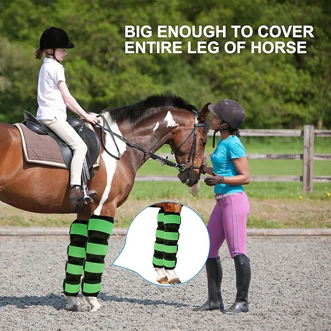Horse Ice Pack, Ice Boots for Horse Injuries, Cooling Horse Leg Wraps for Hock, Ankle, Knee, Legs, Boots, and Hooves, Cold Compression for Horse Care, Hock Sprain, Set of 2, 16.9'' x 16.1'', Green