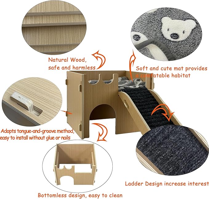 Guinea Pig Castle Hideout, Wooden Hamster House with Stairs & Mat,Small Animal House Hut Habitats 2 Doors for Hamsters Chinchillas Bunny Hiding Playing Sleeping