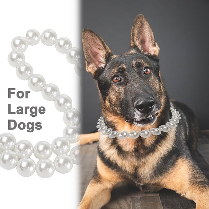 Chunky Pearl Dog Collar Large Breed (0.55 Inch), Adjustable Dog Necklace, Beaded Dog Collar Imitation White Pearls, Elegant Dog Jewelry Suit for Medium Large Dog 14"-16.7" Inner Circumference