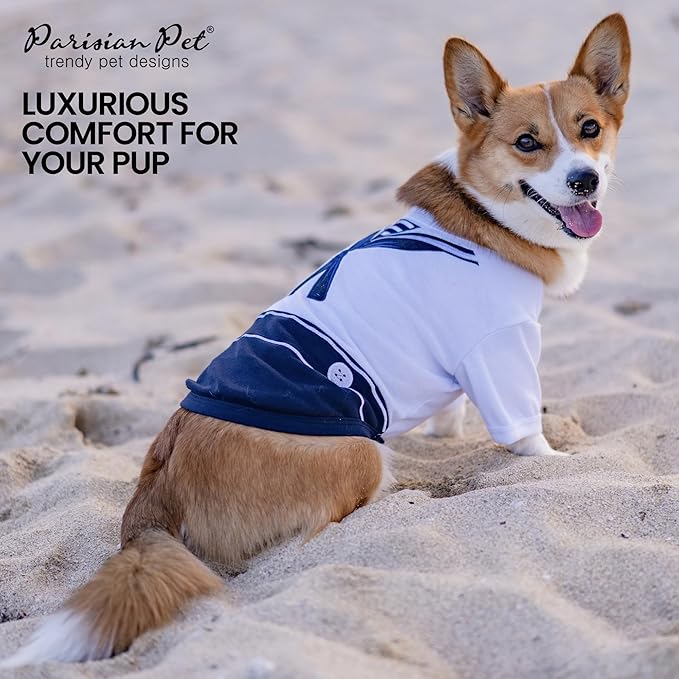 Parisian Pet Sailor Dog Costume - Embroidered Sleeved Dog Shirt - 100% Cotton & Polyester - Blue & White - XL